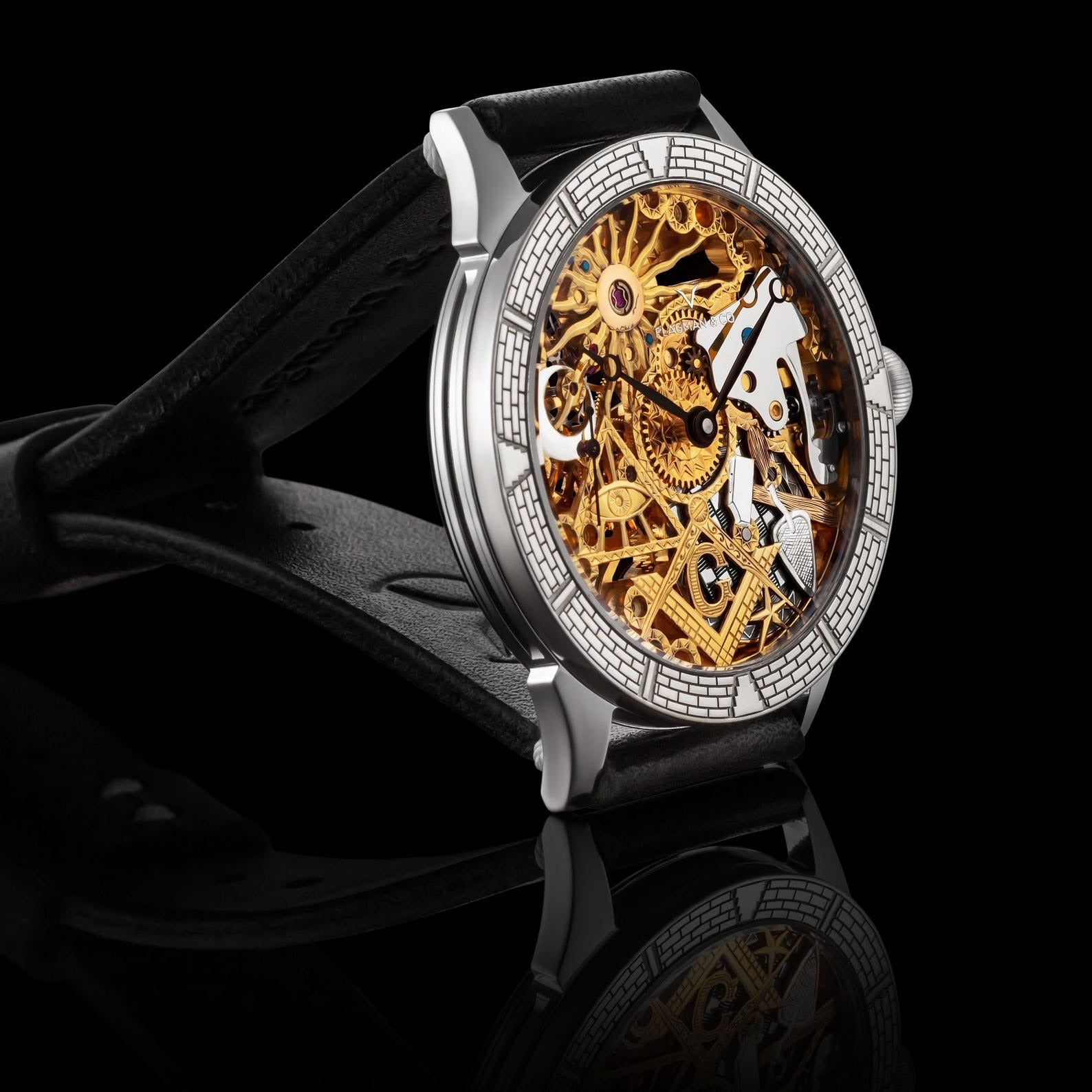 Master Mason Blue Lodge Wristwatch - Gold & Silver Masonic Symbols Skeleton