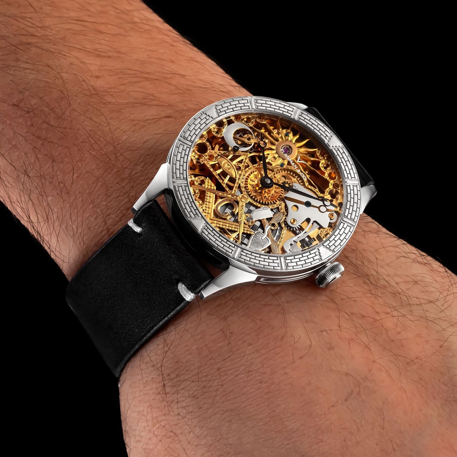 Master Mason Blue Lodge Wristwatch - Gold & Silver Masonic Symbols Skeleton