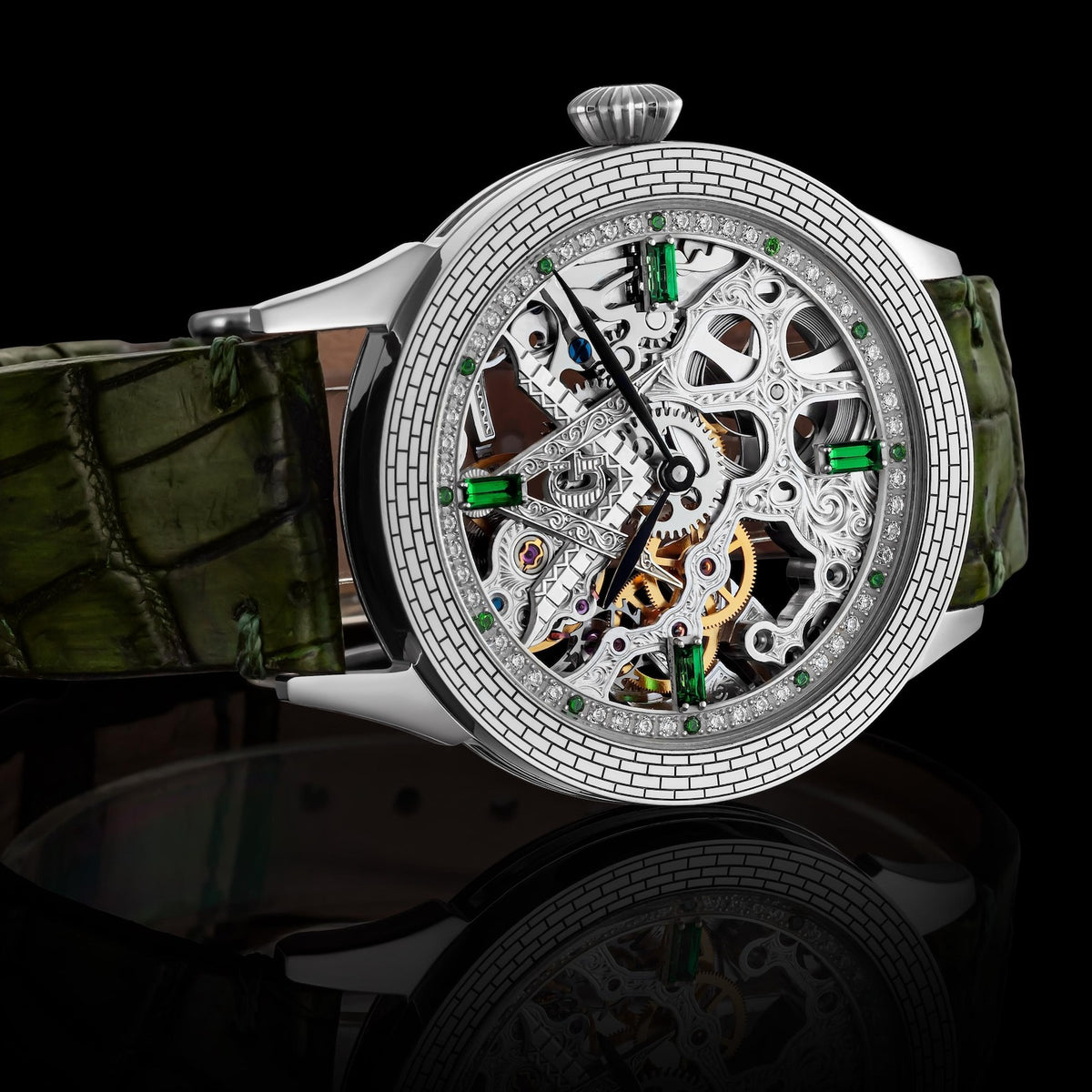 Master Mason Blue Lodge Wristwatch - Silver Skeleton & Green Leather Strap - Bricks Masons