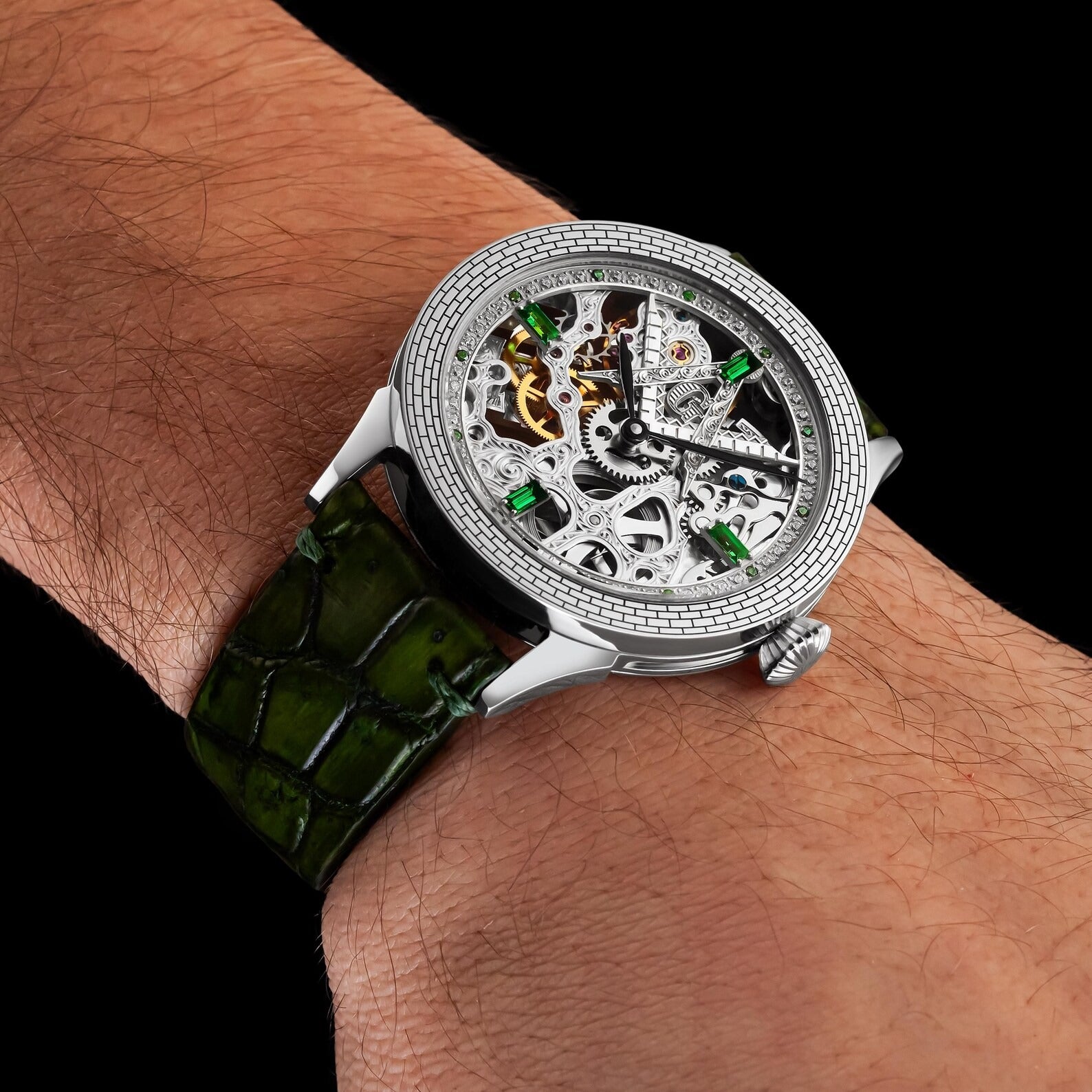 Master Mason Blue Lodge Wristwatch - Silver Skeleton & Green Leather Strap - Bricks Masons