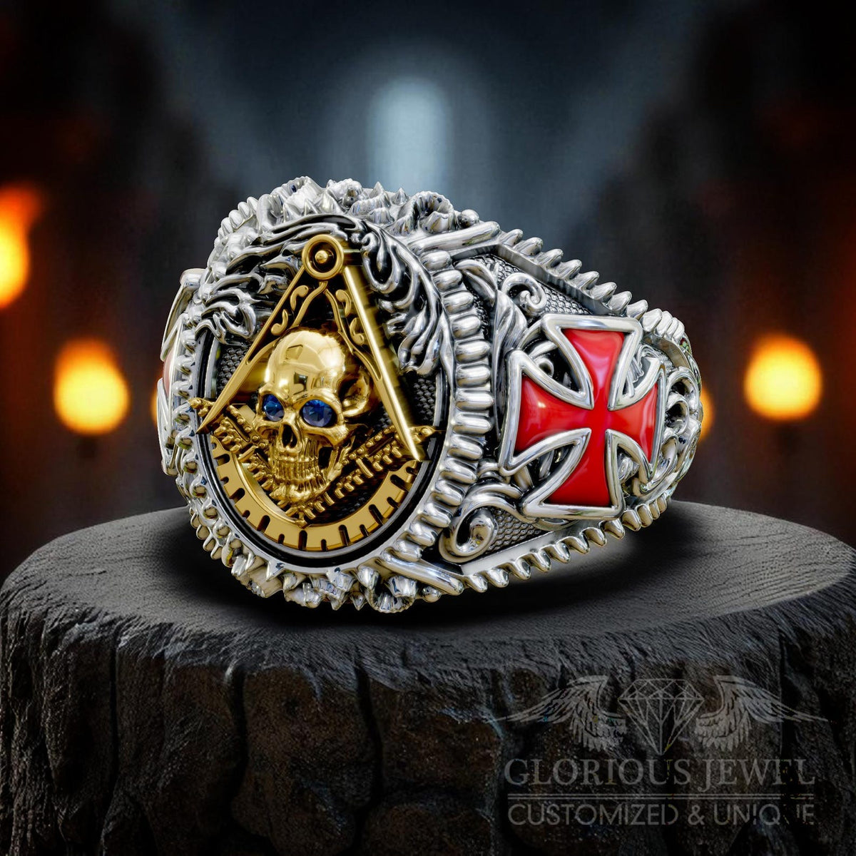 Master Mason Blue Lodge Ring - Square & Compass With Skull & Red Cross - Bricks Masons