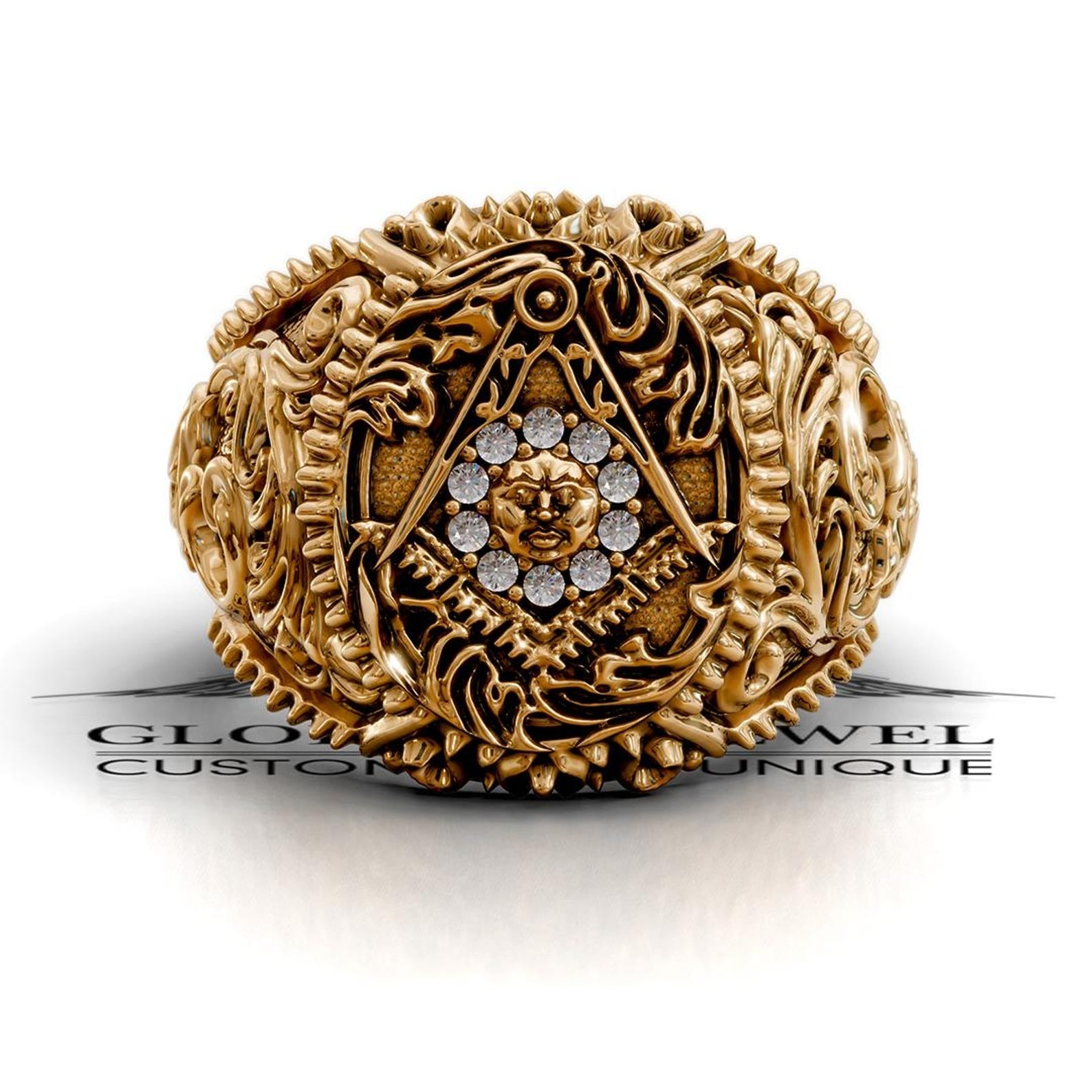 Master Mason Blue Lodge Ring - Square & Compass With Sun & Stones - Bricks Masons