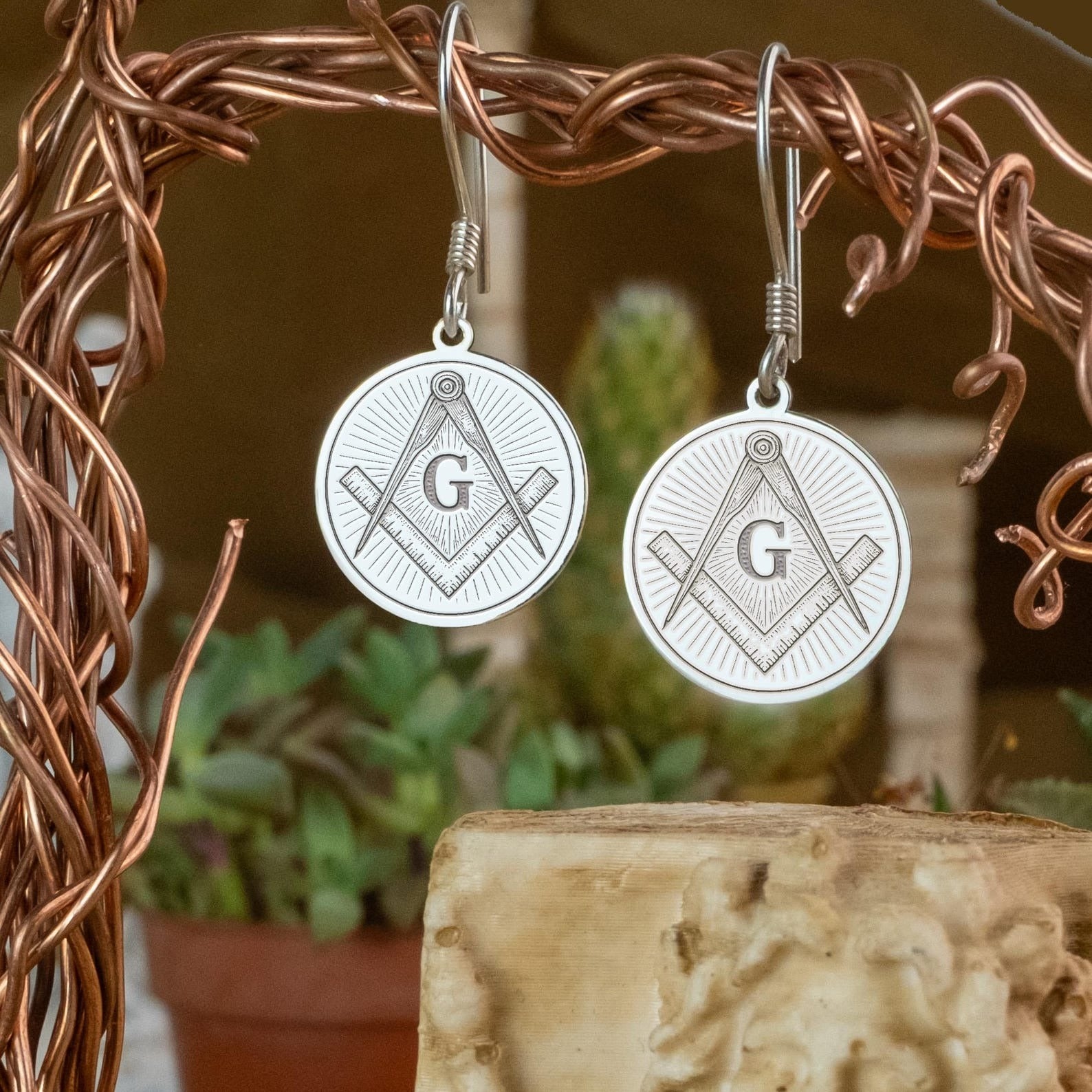 Master Mason Blue Lodge Earrings - Square & Compass G Various Materials - Bricks Masons