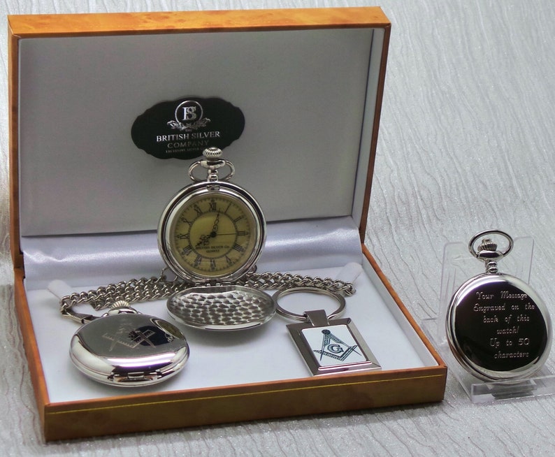 Master Mason Blue Lodge Pocket Watch - With Keyring Gift Set Case & Certificate Custom Engraved - Bricks Masons