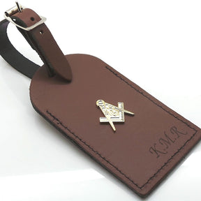 Master Mason Blue Lodge Luggage Tag - Leather Engraved & Gold Emblem - Bricks Masons