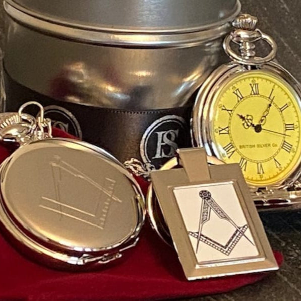 Master Mason Blue Lodge Pocket Watch - Keyring Luxury Gift Set Case - Bricks Masons