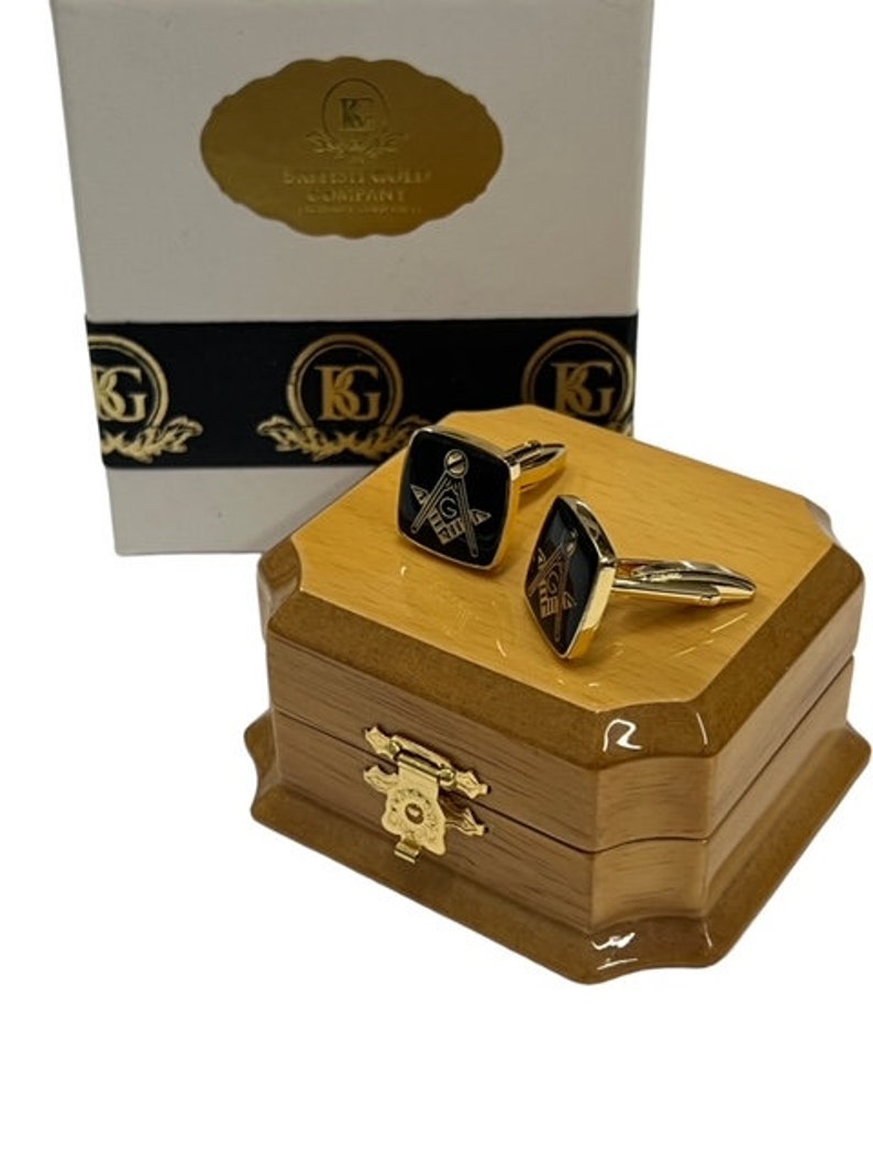 Master Mason Blue Lodge Cufflinks - 24k Gold Clad Luxury Wooden Gift Case - Bricks Masons