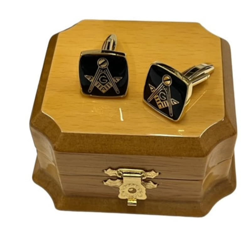 Master Mason Blue Lodge Cufflinks - 24k Gold Clad Luxury Wooden Gift Case - Bricks Masons
