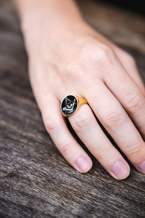 Master Mason Blue Lodge Ring - Gold With Black Enamel Various Materials - Bricks Masons