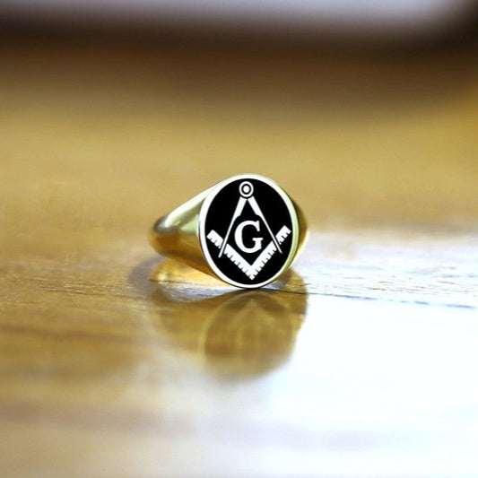 Master Mason Blue Lodge Ring - Gold With Black Enamel 9K to 18k Solid Gold - Bricks Masons