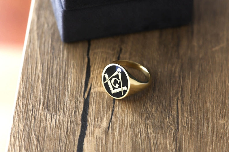 Master Mason Blue Lodge Ring - Gold With Black Enamel 9K to 18k Solid Gold - Bricks Masons
