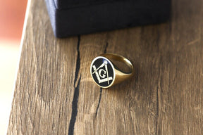 Master Mason Blue Lodge Ring - Gold With Black Enamel Various Materials - Bricks Masons