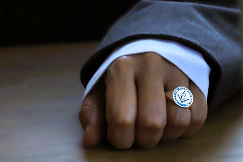 Master Mason Blue Lodge Ring - Sterling Silver With Blue Enamel - Bricks Masons