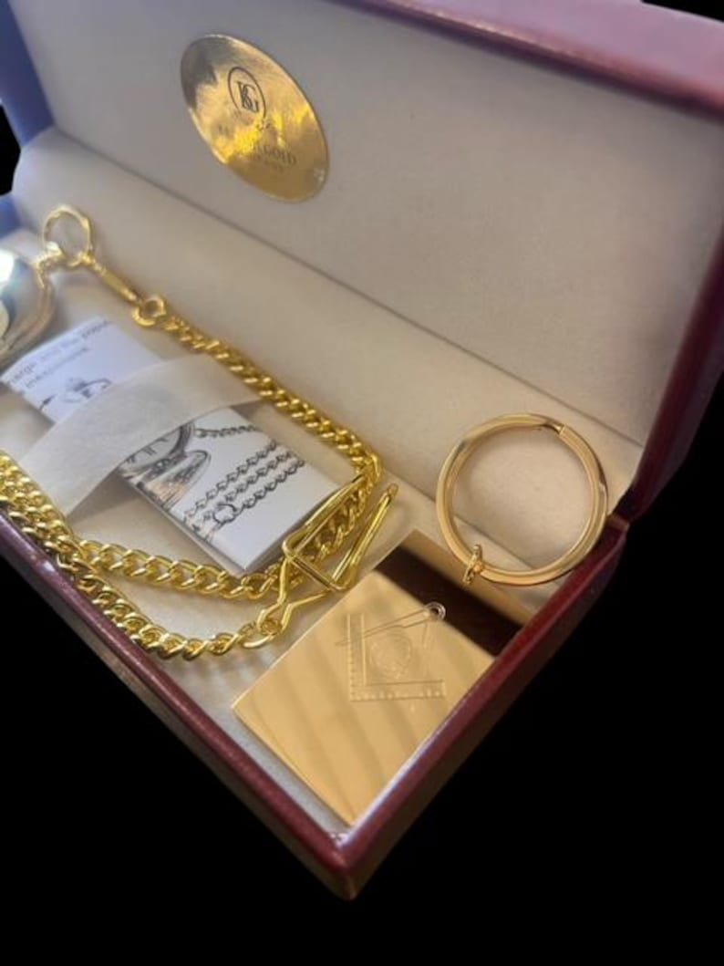 Master Mason Blue Lodge Pocket Watch - 24k Gold Clad Keyring Luxury Gift Set - Bricks Masons