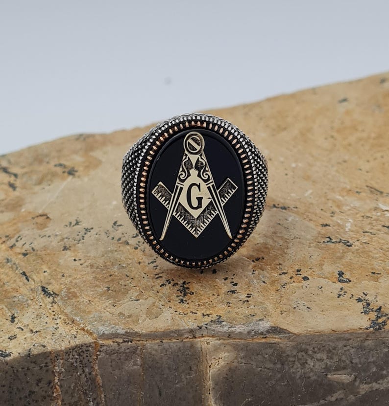 Master Mason Blue Lodge Ring - Handmade Sterling Silver Onyx - Bricks Masons