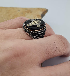 Master Mason Blue Lodge Ring - Handmade Sterling Silver Onyx - Bricks Masons