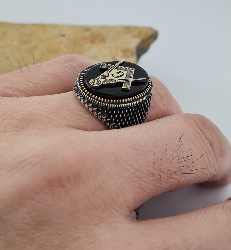 Master Mason Blue Lodge Ring - Handmade Sterling Silver Onyx - Bricks Masons