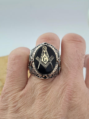 Master Mason Blue Lodge Ring - Sterling Silver Onyx - Bricks Masons