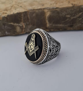Master Mason Blue Lodge Ring - Handmade Sterling Silver Onyx - Bricks Masons