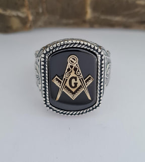 Master Mason Blue Lodge Ring - Handmade Sterling Silver Onyx - Bricks Masons