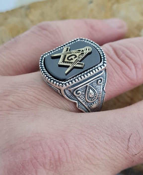 Master Mason Blue Lodge Ring - Handmade Sterling Silver Onyx - Bricks Masons