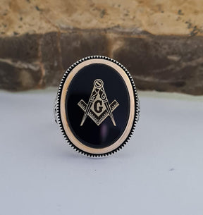 Master Mason Blue Lodge Ring - Sterling Silver Onyx - Bricks Masons