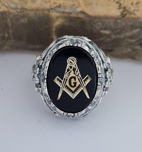 Master Mason Blue Lodge Ring - Handmade Sterling Silver Onyx - Bricks Masons