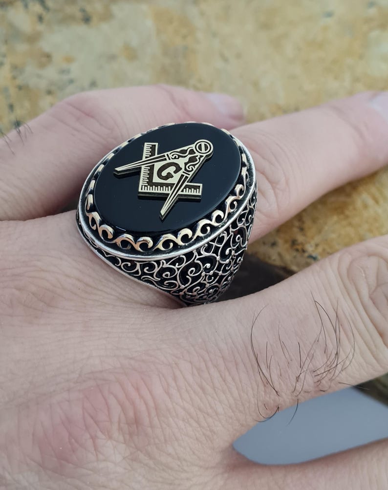 Master Mason Blue Lodge Ring - Sterling Silver Onyx - Bricks Masons