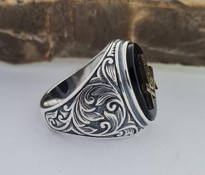 Master Mason Blue Lodge Ring - Sterling Silver Onyx - Bricks Masons