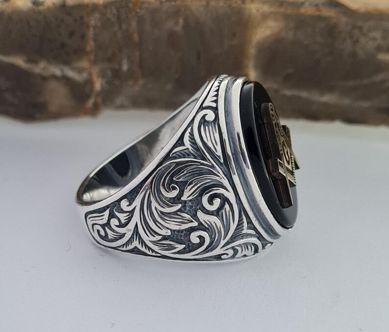 Master Mason Blue Lodge Ring - Sterling Silver Onyx - Bricks Masons