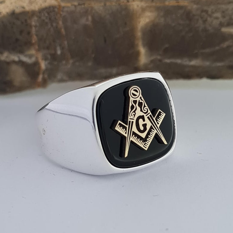 Master Mason Blue Lodge Ring - Handmade Sterling Silver Onyx - Bricks Masons