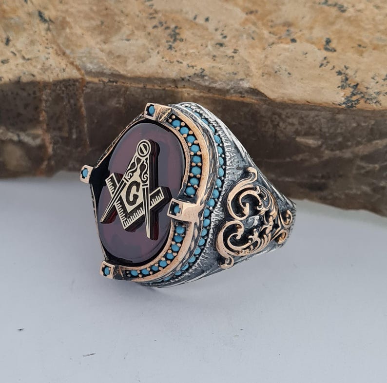 Master Mason Blue Lodge Ring - Handmade Sterling Silver Green Agate - Bricks Masons