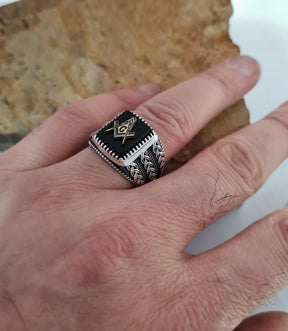 Master Mason Blue Lodge Ring - Handmade Sterling Silver Onyx - Bricks Masons