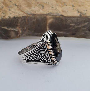 Master Mason Blue Lodge Ring - Handmade Sterling Silver Onyx - Bricks Masons