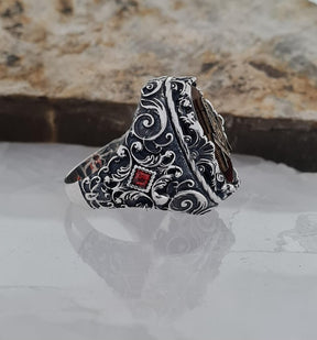 Master Mason Blue Lodge Ring - Garnet Zircon Compass & Square - Bricks Masons
