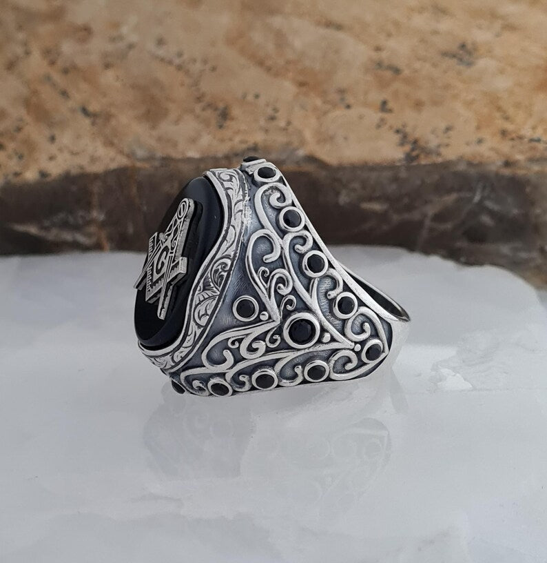 Master Mason Blue Lodge Ring - Black Onyx Sterling Silver - Bricks Masons