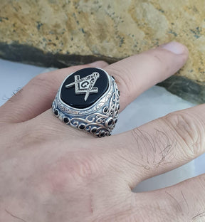 Master Mason Blue Lodge Ring - Black Onyx Sterling Silver - Bricks Masons