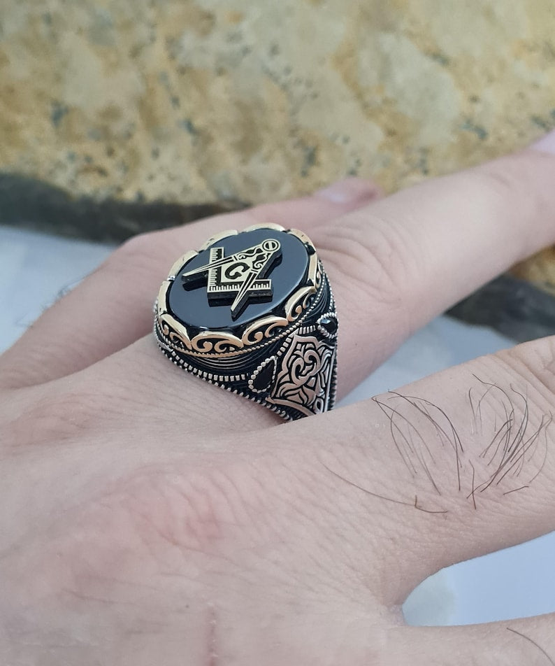 Master Mason Blue Lodge Ring - Sterling Silver Black Onyx - Bricks Masons