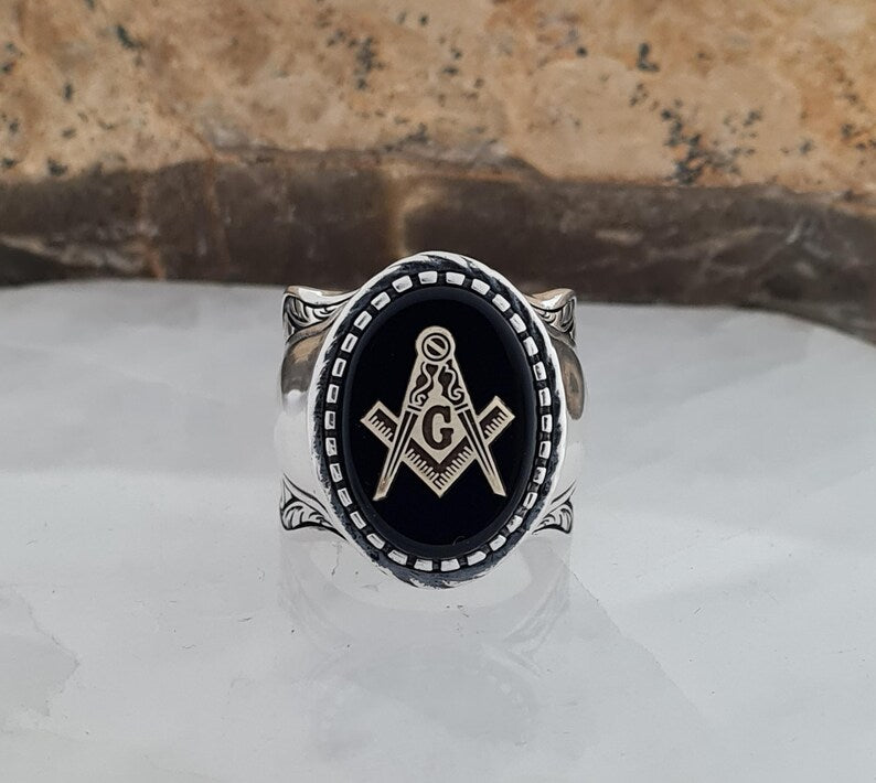 Master Mason Blue Lodge Ring - Handmade Sterling Silver Masonic Ring: Black Onyx - Bricks Masons