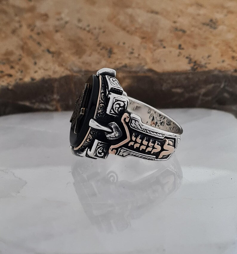Master Mason Blue Lodge Ring - Handmade Sterling Silver Black Onyx - Bricks Masons
