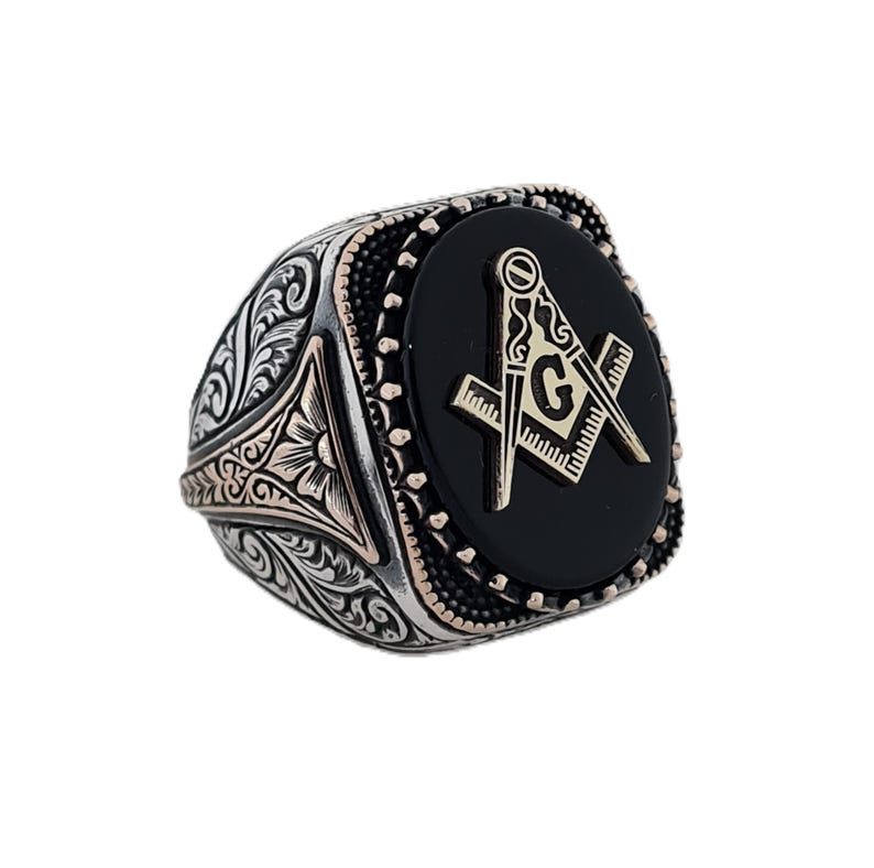 Master Mason Blue Lodge Ring - Handmade Sterling Silver Black Onyx - Bricks Masons