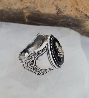 Master Mason Blue Lodge Ring - Handmade Sterling Silver Masonic Ring: Black Onyx - Bricks Masons