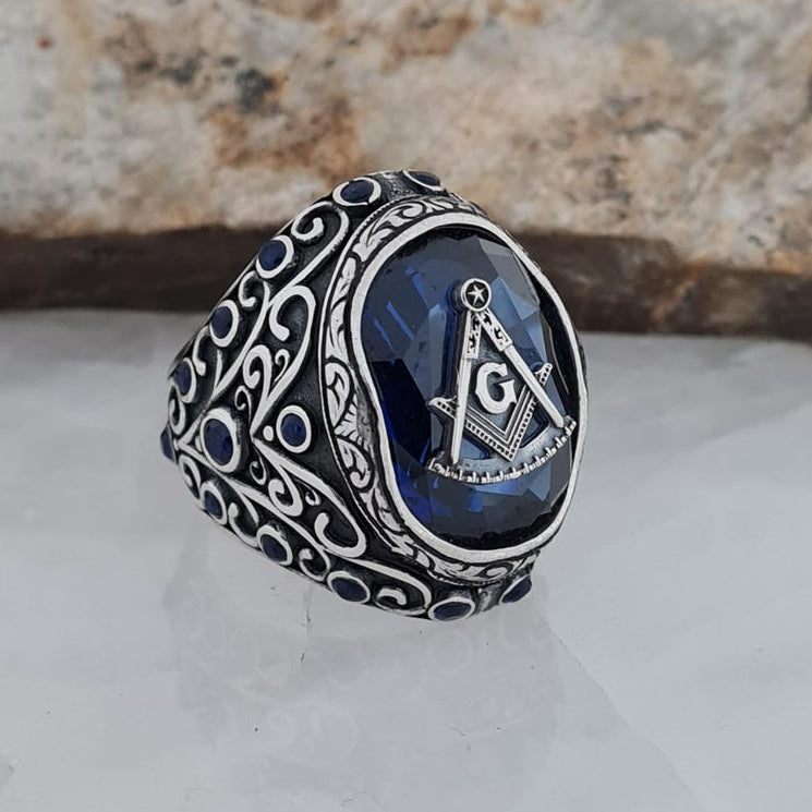 Master Mason Blue Lodge Ring - Blue Sapphire Freemason Compass Symbol - Bricks Masons