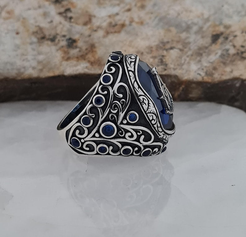Master Mason Blue Lodge Ring - Blue Sapphire Freemason Compass Symbol - Bricks Masons