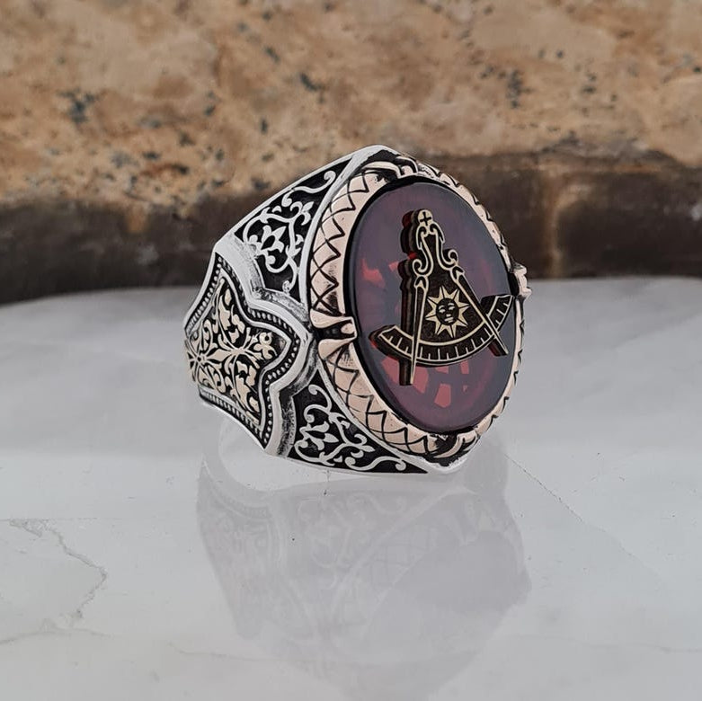 Master Mason Blue Lodge Ring - Handmade Sterling Silver Zircon - Bricks Masons