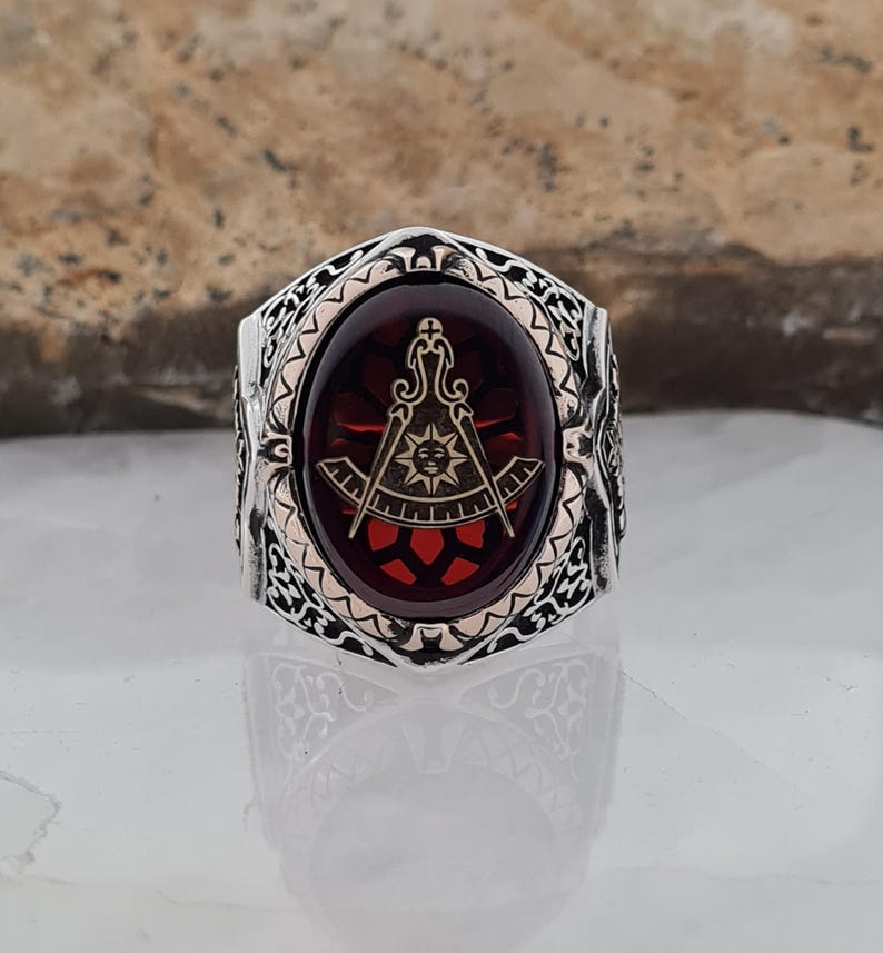 Master Mason Blue Lodge Ring - Handmade Sterling Silver Zircon - Bricks Masons