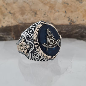 Master Mason Blue Lodge Ring - Handmade Sterling Silver Zircon Sapphire - Bricks Masons