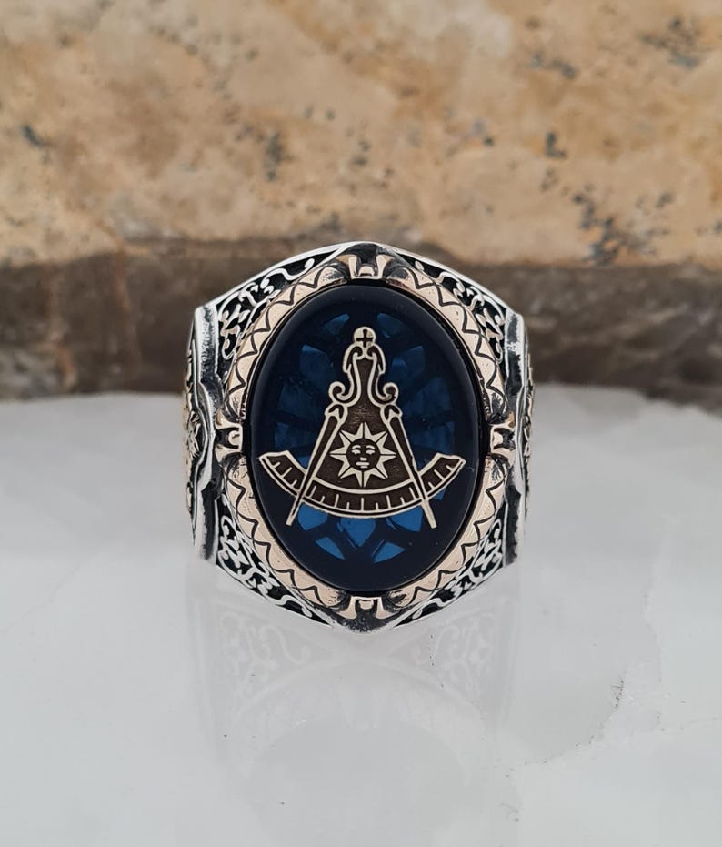 Master Mason Blue Lodge Ring - Handmade Sterling Silver Zircon Sapphire - Bricks Masons