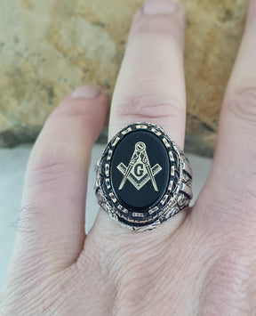 Master Mason Blue Lodge Ring - Handmade Sterling Silver Onyx Masonic - Bricks Masons