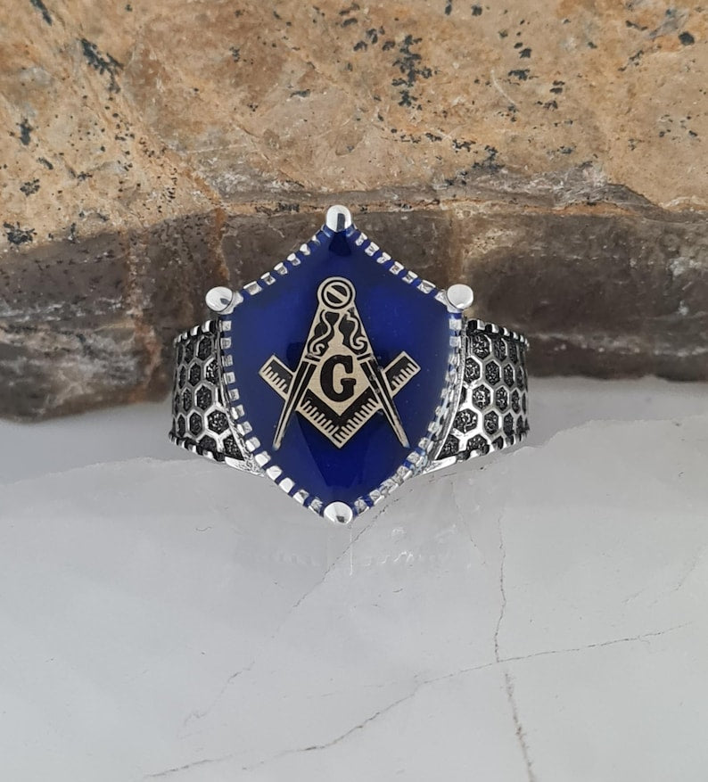 Master Mason Blue Lodge Ring - Handmade Sterling Silver - Bricks Masons